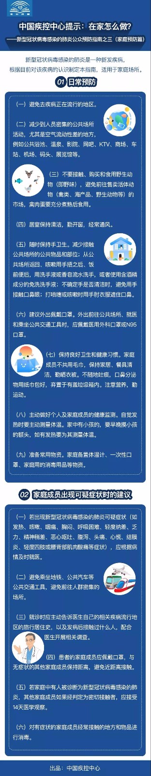 中国疾控中心权威提示：新型冠状病毒感染的肺炎公众预防指南，跟着做起来！ | 特别关注